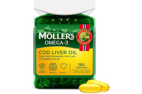 Möller’s ® | Capsules d’huile de foie de morue | Acides gras oméga 3 DHA & EPA, vitamines A, D et E, système immunitaire, fonction cardiaque, fonction cérébrale et vision | 160 capsules
