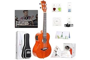 Aklot Electric Ukulele Concert 23 Inch Ukele Solid Mahogany Uke Starter Kit With Free Online Lesson 8 Packs Accessory (Gig Bag Picks Strap String Cleaning Cloth Instruction Book Gift Box)