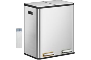 Hzuaneri Poubelle Cuisine, 60L (2 x 30L), Poubelle Tri Selectif 2, Poubelles Tri avec Pédales à code couleur, Ilencieux et retombe lentement, avec 15 Sacs Poubelles, pour Cuisine, Argent SW23099E
