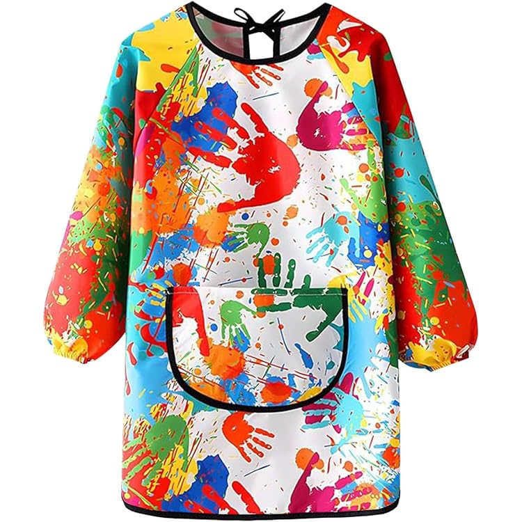 Tablier Enfant Imperméable à Manches Longues - Taille 110-130 Cm - Poche Avant - Poignets élastiques, Fermeture Velcro