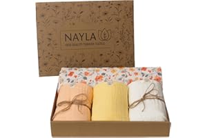 Nayla Muselinas Bebe Algodon 120x120 y 65x65-100% Organico con Gasas Grandes Suaves para Recién Nacido Muy Versátiles como Arrullo para Verano - Manta Ligera Color Amarillo Flores.