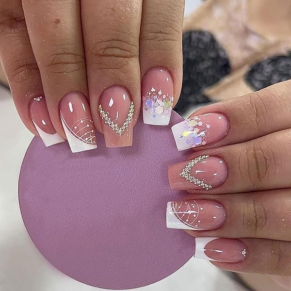 Künstliche Fingernägel Mittellang Quadratisch – Violett & Orange French Style, Mit Klebeaufklebern
