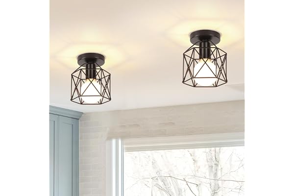 iDEGU Lot de 2 Plafonnier Industrielle en Métal Cage Carré, 15CM Lustre Abat-jour Fer Luminaire E27 40W Noir pour Salon Chambre Bar (Hexagone)