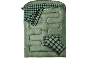 POEPORE Sacco a Pelo Matrimoniale in Flanella per Adulti 0℃ 3-4 Stagioni Sacci a Pelo 2 Persone Portatile con 2 Pillow e un Sacco a Compressione Campeggio Trekking Escursioni 233 x 157 cm