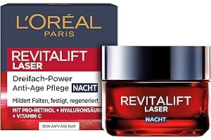 ‎L'OREAL PARIS L'Oréal Paris Anti-Aging-Nachtcreme mit Dreifachpower für Frauen: mildert Falten & strafft die Haut, mit Pro-Retinol, Hyaluronsäure und Vitamin C, RevitaLift Laser, 1x 50ml