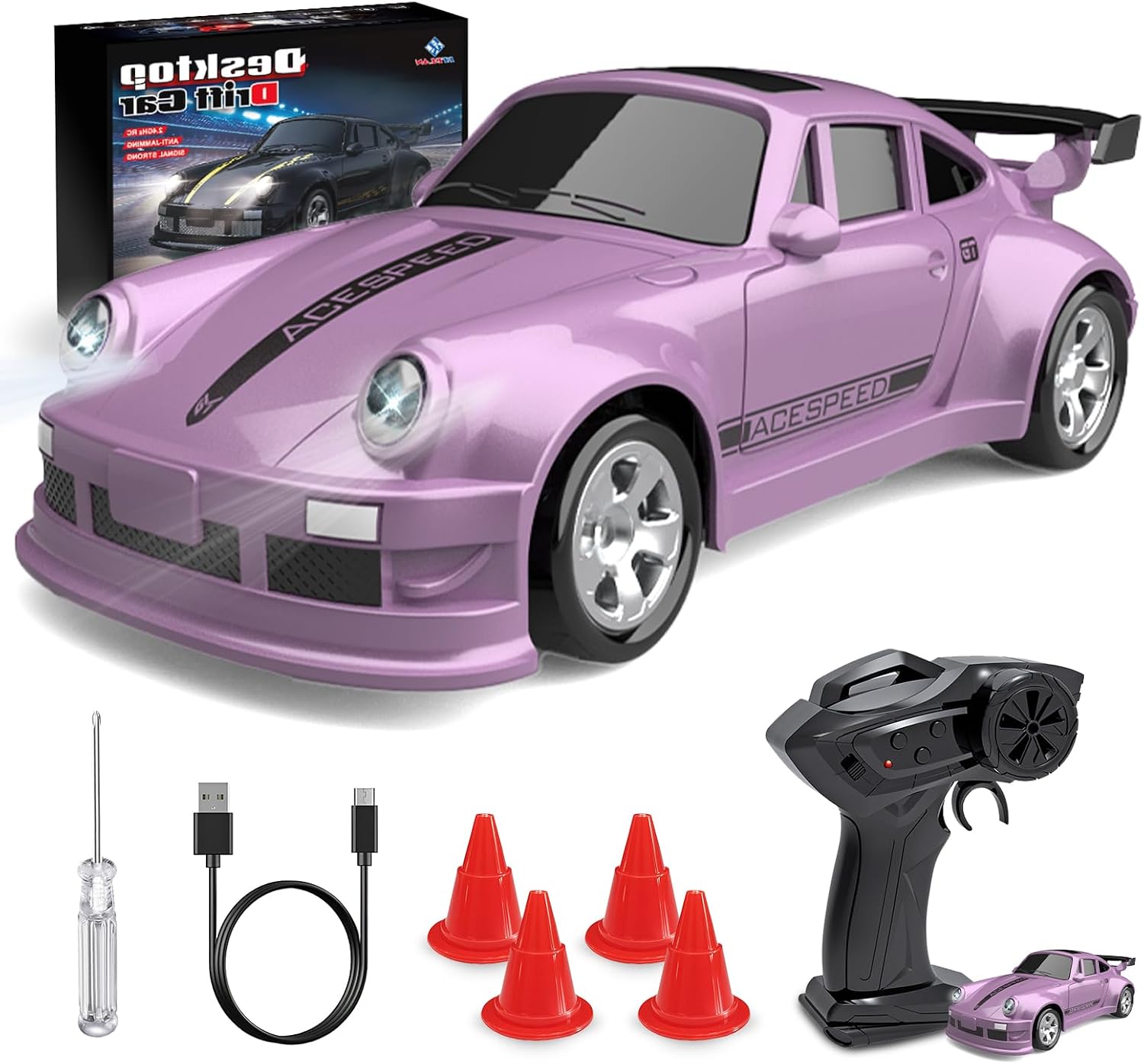 JONRRYIN Coche teledirigido Drift Car, 1:64 Mini Drift Auto teledirigido, 4WD Mesa Drift RC Car, Coche teledirigido con luces LED, mando a distancia de 2,4 GHz, 15 km/h, coche de juguete para niños a