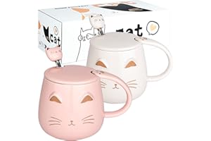 DONGSHANGIFT Kubki dla kotów, zestaw 2 uroczych kubków do herbaty z kotem, ceramiczny kubek do kawy z pokrywką i łyżeczką, urocze kubki dla kobiet, dziewcząt, miłośników kotów, 380 ml, Boże
