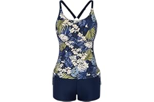 JASAMBAC Women's Strappy Tankini Swimsuits Drawstring Bathing Suits Two Piece Floral Print Swimwear with Shorts