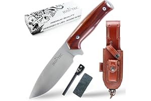 JEO-TEC Nº21 Nóż Bushcraft, nóż do paska na zewnątrz, nóż myśliwski, nóż survivalowy wielofunkcyjny , stałe ostrze, BÖHLER N690C, z naturalna skorzana osłona + krzesiwo + ostrzalka do noży , recznie robiony w Hiszpanii