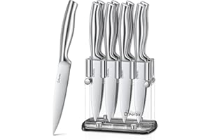 D.Perlla 9 Pièces Ensemble de Couteaux à Steak Pointus Avec Poignée Ergonomique, 8 Couteaux à Steak Dentelés, Avec Porte-Couteau en Acrylique