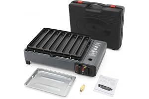 Bärbar butan gasgrill 2,2 KW camping gasspis med grillplatta för 8 korv och transportfodral, piezotändning övertrycksskydd för camping picknick utomhus
