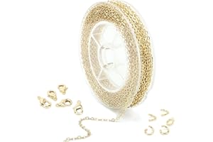 ALEXCRAFT Gold Necklace Chains for Jewellery Making, 33 Feet 2mm Curb Cable Spool Brass Gold Plated Chain for Craft Bracelet Jewellery DIY Chain with Bulk 20 Lobster Clasps and 50 Jump Rings