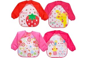 FILOWA Śliniak niemowlęcy z długim rękawem, 4 SZTUK Lekki, regulowany, zmywalny Śliniak do karmienia, wodoodporny fartuch na śliniaczek, dziewczynka, EVA plastikowy, czerwony i różowy