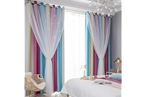 iyoimono 2er Set Vorhänge Sternen Mädchen Verdunkelung Voile Gardinen mit Ösen Violett Gelb Blau Vorhänge Farbverlauf Blickdicht für Kinderzimmer Schlafzimmer Wohnzimmer 213 × 132cm (H × B)