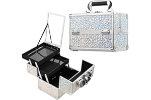 Joligrace Makeup Box Vanity Case Cosmetic Organiser Box Beauty Storage Train Case with Mirror, Lockable with Keys, Dazzle Silver
