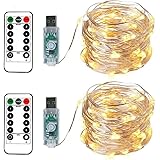 BXROIU 2 X100LEDs Luci a Stringa su 10metri Micro Filo d'argento,Spina USB con Telecomando 8 programma (Bianco Caldo)