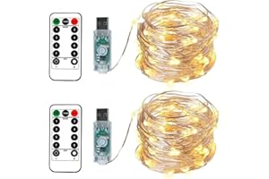 BXROIU Łańcuch świetlny LED 100 diod, 10 m srebrny drut z pilotem, zasilanie USB, 8 trybów, timer i regulacja jasności, dekoracje na święta, wesele, imprezę, 2 sztuki (ciepła biel)