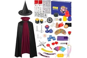 OSDUE Magiczne gry, 24 magiczne sztuczki dla dzieci, mały początkujący magiczna różdżka, zestaw magicznych sztuczek dla dzieci z magiczną peleryną i kapeluszem, prezent dla chłopców, dziewcząt
