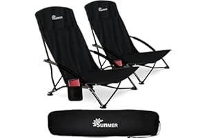 SUNMER Set of 2 Folding Beach Chair with Side Pocket & Carry Bag - Foldable Low Camping Chair, Compact, Lightweight, Portable, 120kg Capacity - Black