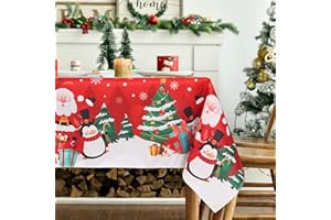 FRIGG Tovaglia Natalizia Rossa 6 Posti 180x140cm, Poliestere Natale Tovaglia Antimacchia, Sottopiatti Natalizi Stampata Con Pupazzo Di Neve e Pino, Decorazioni Natalizie Per La Casa Centro Tavola Natalizio