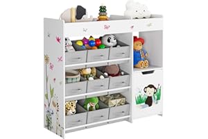 HOCSOK Organizer do przechowywania zabawek dla dzieci, z 9 pojemnikami z włókniny, duży regał na książki, do przedszkola, pokoju zabaw, biały