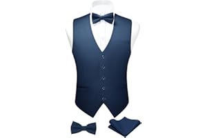 FAIMO Mens Waistcoat Solid Color Waistcoat with Bowtie Pocket Square Set Wedding Party Formal Vest Suit Set XS-4XL