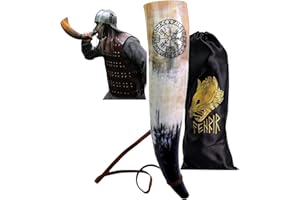 FENRIR Viking War Horn 18"Genuine Ox Blowing Horn Battle Trumpet With Leather Strap | Compass Finish, FNR_28