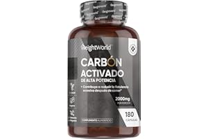 WEIGHTWORLD Carbón Activado 2000mg de Potencia 180 Cápsulas Veganas - Para Gases e Hinchazón Adultos, Carbón Vegetal Activado de Origen Natural, Vegano y Sin Estearato de Magnesio