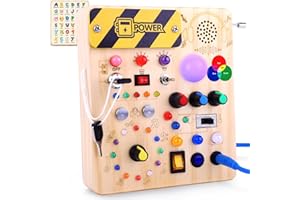 KONIJIWA Montessori Busy Board Dzieci w Wieku 1 Roku Drewniana Zabawka z 12 Przełączników i 27 Diody LED Zabawka Sensoryczna dla Dzieci w Wieku 1, 2, 3 Lat