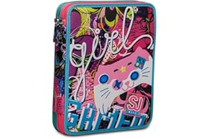 SJ GANG STYLE JAM GANG Astuccio Scuola 2 Zip, Gleamled Girl, - Doppio Scomparto Accessoriato con Matite, Penne e Pennarelli, Rosa, 25 x 19 x 5 cm