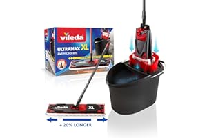 ‎VILEDA Vileda Ultramax XL 2in1 Bodenwischer Komplett Set, extrabreiter Wischmopp mit Stiel, Mikrofaserbezug und Eimer mit Powerpresse, für alle Hartböden, Wischerplatte 42cm, Stiellänge 75-130cm