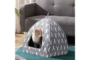Hollypet Cat Bed Kitten Bed Cat Tent 2-in-1 Comfortable Igloo Pet Bed with Removable Cushion Cat Sleeping Cave House, Grey Antler, M(40 * 40 * 43cm)