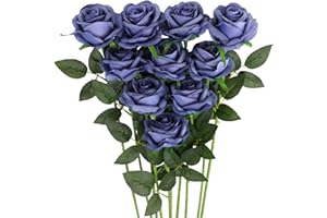 JUSTOYOU Lot de 10 roses artificielles en soie à tige unique pour maison, fête, bouquet de mariage (bleu brume)