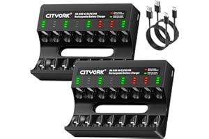 CITYORK Caricatore a 8 slot per batteria NIMH/NICD, ricaricabile, AA AAA, micro USB, ricarica rapida, con indicatore LED (2 caricabatterie + slot indipendente)