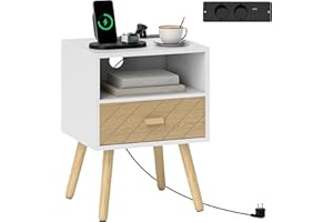 HOMCOM Mesita de Noche con Estación de Carga, Mesilla de Noche con Cajón, 2 Tomas AC, Puerto USB y Tipo-C, Compartimento Abierto, Patas de Madera, para Salón, Dormitorio, Blanco