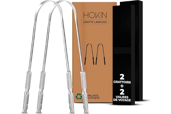 HOKIN Gratte langue pour adultes Gratte-langue acier inoxydable mauvaise haleine traitement 100% Métal Tongue Scraper Cleaner pour hommes et femmes Brosse langue nettoyeur d'hygiène buccale (2 pièces)