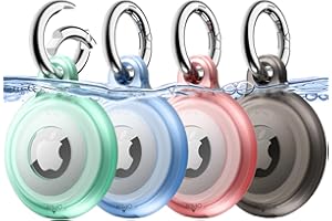 JETech Lot de 4 Coque Étanche pour AirTag avec Porte-Clés, Corps Complète Étui Housse de Air Tag Anti-Rayures Porte-Clefs Support pour Enfants, Collier pour Animal (Noir/Vert/Rose/Bleu)