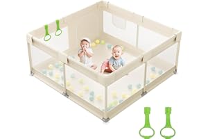 Julrrimg Baby Playpen - 120 x 120 cm Baby Playpen with Breathable Net and 2 Handles, Beige