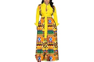 RICOCHO Women's African Long Shirt Dress V-Neck Kente Ankara Print Belted Maxi Dress Dashiki Traditional Dress