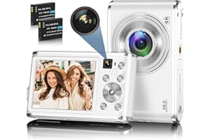 HICSHON Digital Camera, 4K Autofocus Digital Camera with Front and Rear Dual Cameras, HD 48MP with 2.8" Large Screen, 16X Digital Zoom, Compact Camera for Beginners (White+Two Battery)