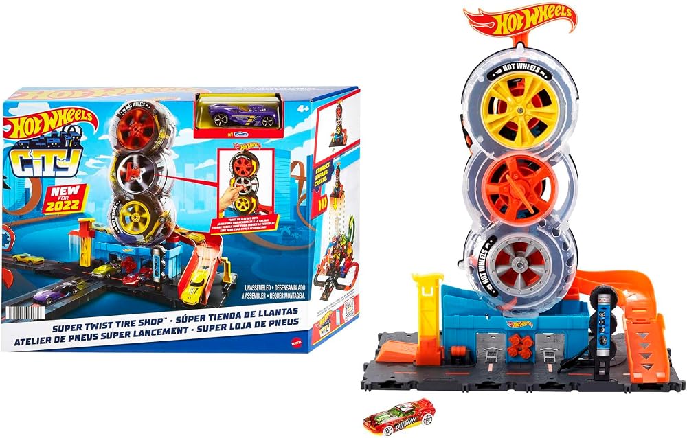 Hot Wheels® Tekerlek Kulesi Pisti | Push-Around Play Ayrıntıları ile Parça Seti, Otomobillerin Lastikler Arasında Seyahat Etmesini Sağlamak İçin Anahtarı Döndür