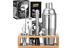 GWHOLE Shaker Cocktail Kit Shaker Cocktail INOX, Kit Cocktail Complet Professionnel, Kit Mojito Shaker INOX, Kit Shaker à Cocktail en Acier Inoxydable avec Accessoires, Support Bois, Recette