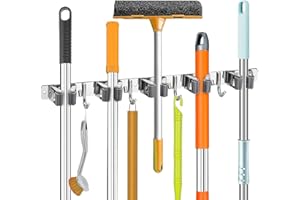 CHENEVER Supporto da Parete per Scopa, in Acciaio Inox, Portascope a Muro Appendibile, Adesivo o Inchiodabile, per Cucina, Bagno, Garage (5 Supporti e 4 Ganci, Grigio)