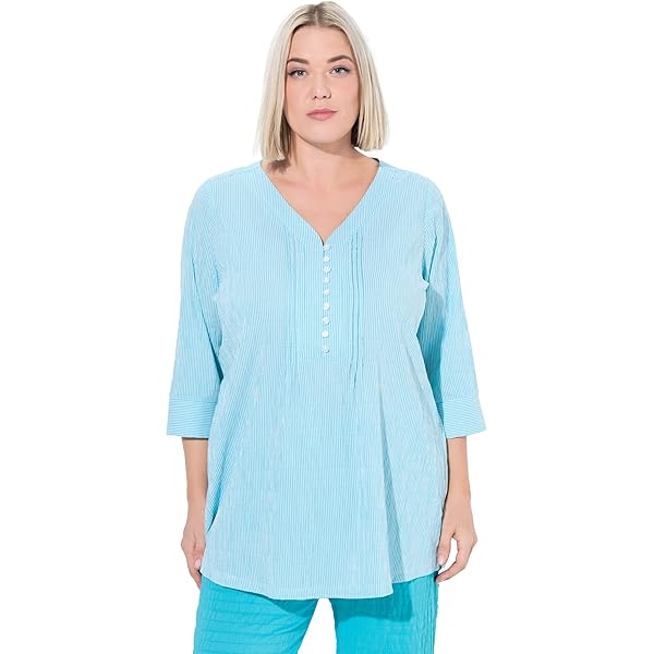 Ulla Popken Dames grote maten grote maten plus size blouse, bubbelkwaliteit, hemdkraag, 3/4-mouw, Diep aqua, 62-64 Grote maten
