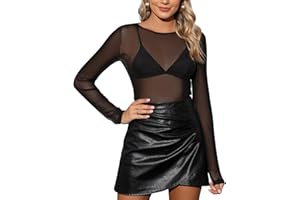 Niwicee Camiseta Transparente Mujer Blusa Sexy Mangas Largas Mesh Tops Damas Cuello Redondo Slim Fit Bodysuit T-Shirt Túnica Negra Transparente Clubwear Camisas tee Pullover