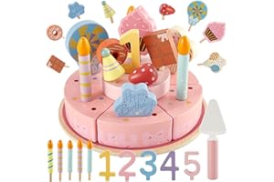 LINFUN KIDS Torta Finta Compleanno Due Piani da Taglio Giocattolo di Legno cui Torta Piatto e Candele, Decorazioni , Set Cucina Cibo Giocattoli Regalo per Bambini 3+