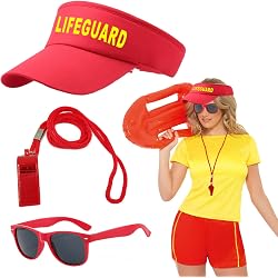 Costume Sauveteur Adulte – Kit 2 Pièces : Casquette Visière Rouge + Lunettes De Soleil, Déguisement Baywatch Plage Halloween Carnaval Fête