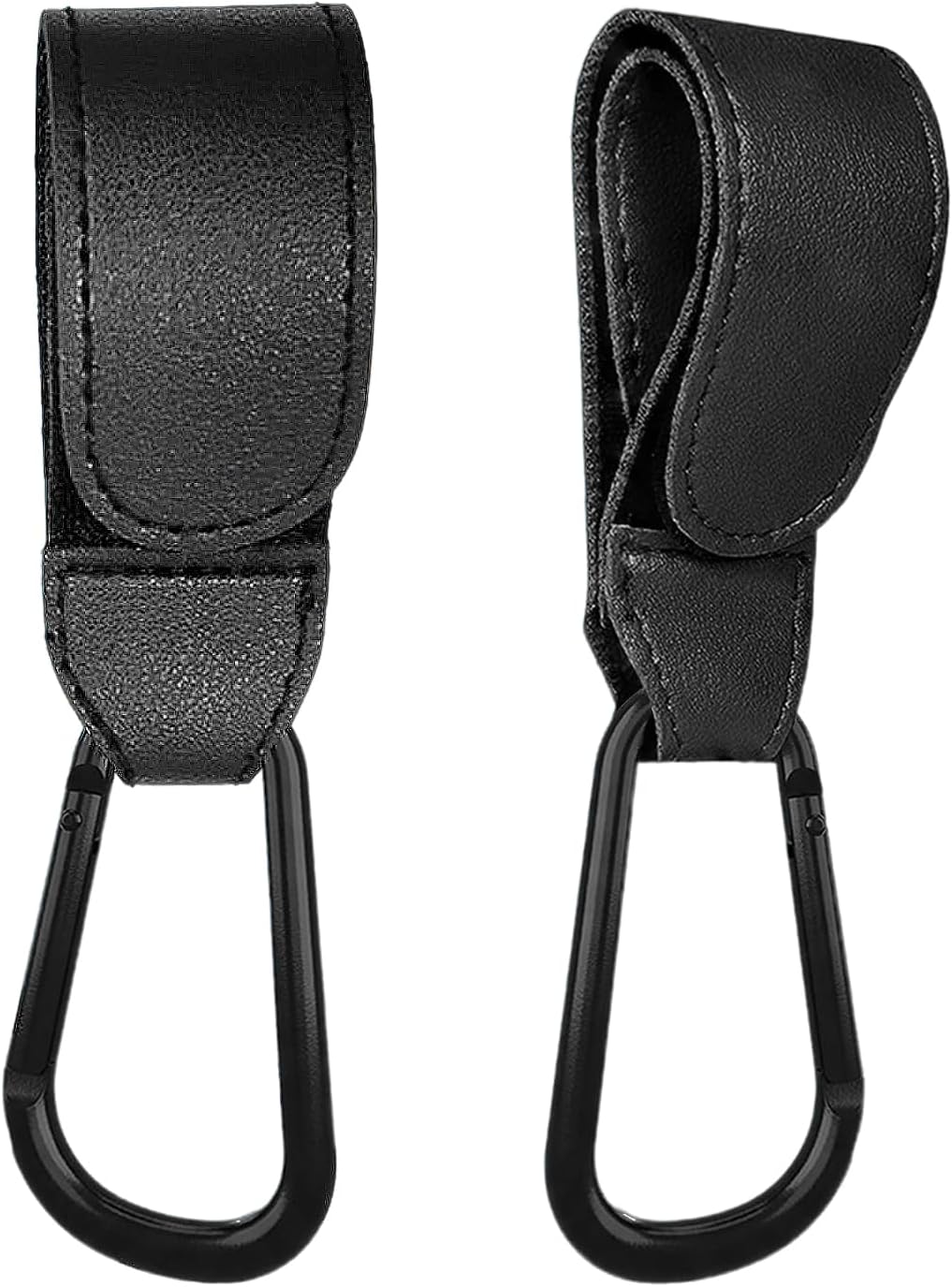 Kinderwagenhaken 2er Set, Taschenhalter Kinderwagen Leder Style | Klettverschluss Haken Kinderwagen Haken, Karabiner Kinderwagen Befestigung für Wickeltasche (Schwarz)