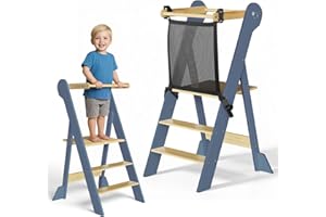 COSYLAND Foldable Toddler Standing Tower with Protective Screening - Height Adjustable Kid Kitchen Step Stool Helper for Learning and Cooking - Space Saving Kitchen Stand (Dark Grey & Natural)