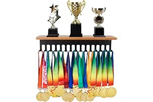 SUPERDANT Porta Medaglie da Parete in Legno e Mensola per Trofei Espositore per Medaglie con 30 Gancio Espositore Porta Medaglie Espositore da Parete per Medaglie Regali per Atleti
